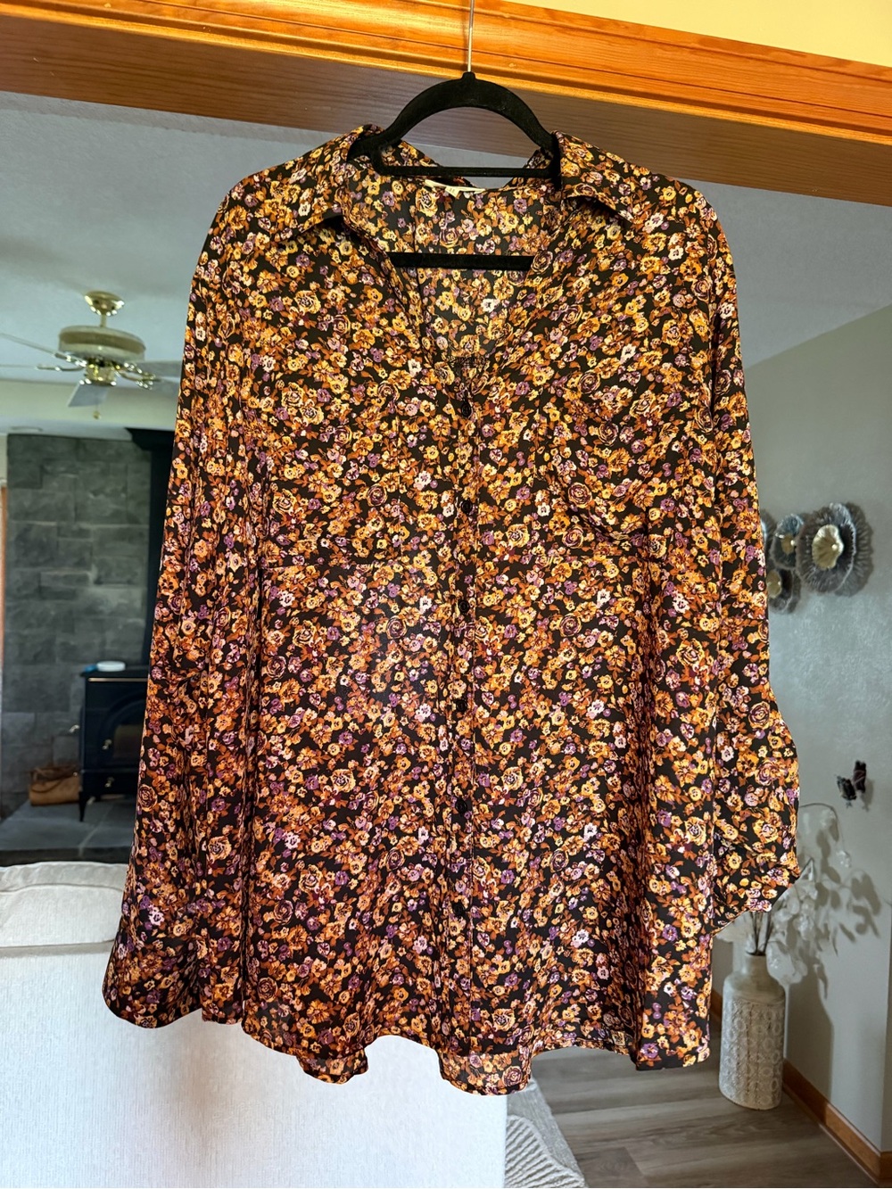 Maurices Black Floral Blouse with Yellow & Purple Flowers